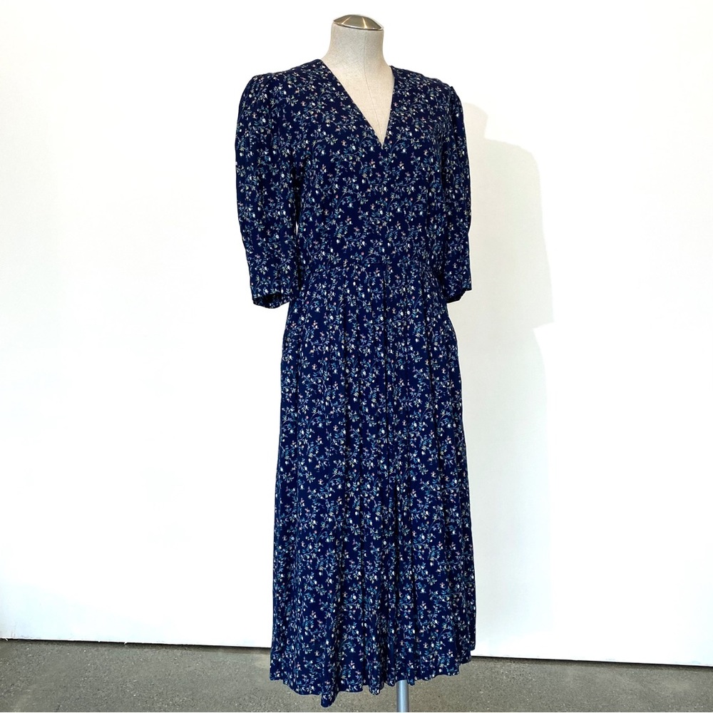 Vintage Navy Prairie Dress, Microfloral Rayon Maxi Dress with pockets, Size 10